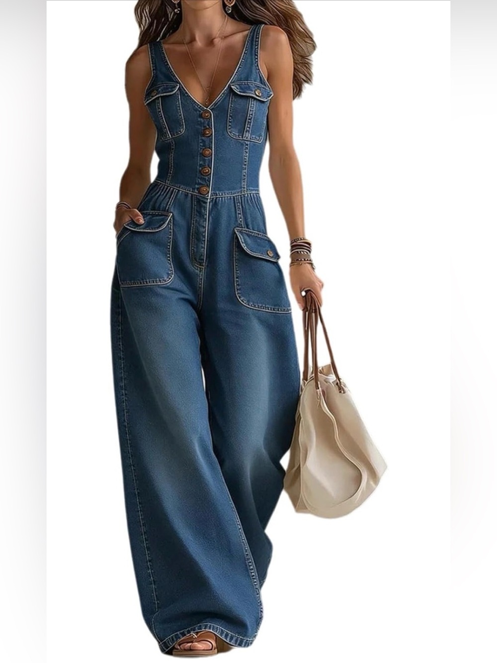 Sleeveless Wide-Leg Denim Jumpsuit - Blue